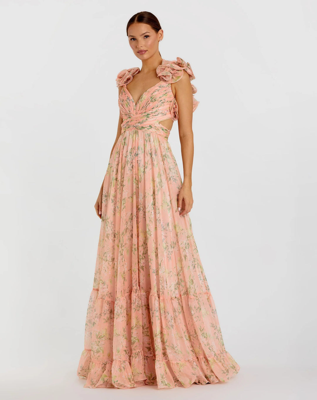 Damen Maxi-Kleid mit floralen Rüschen und schwingendem Design Drune