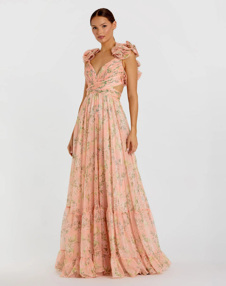 Damen Maxi-Kleid mit floralen Rüschen und schwingendem Design Drune