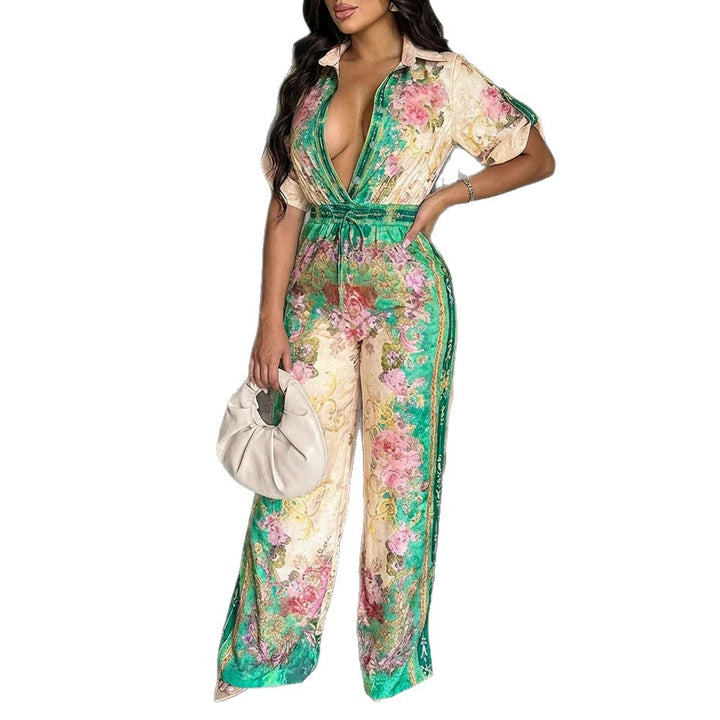 Damen Satin-Jumpsuit mit Hemdkragen, tiefem V-Ausschnitt und weitem Palazzobein Drune