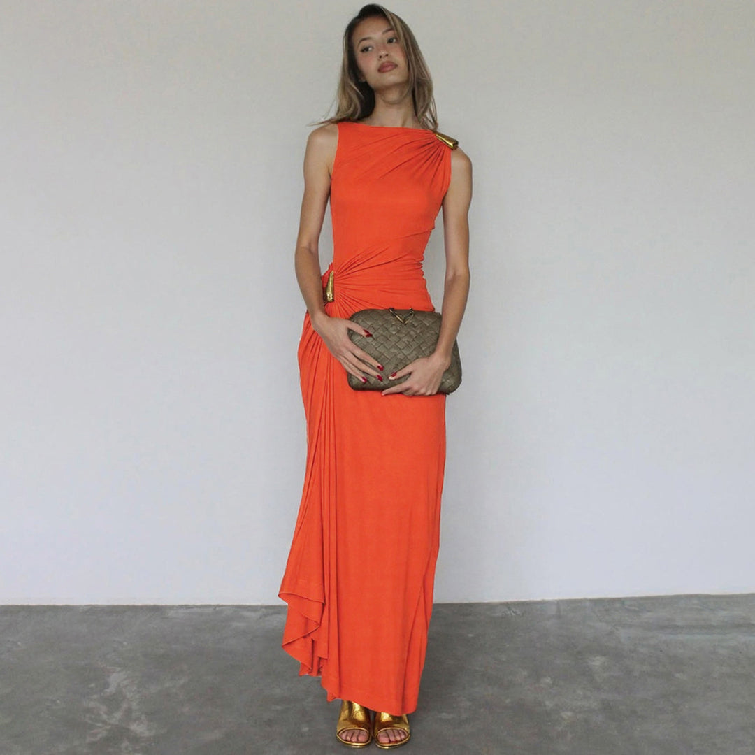 Damen Elegantes Maxikleid mit asymmetrischem Schnitt und Raffungen Drune