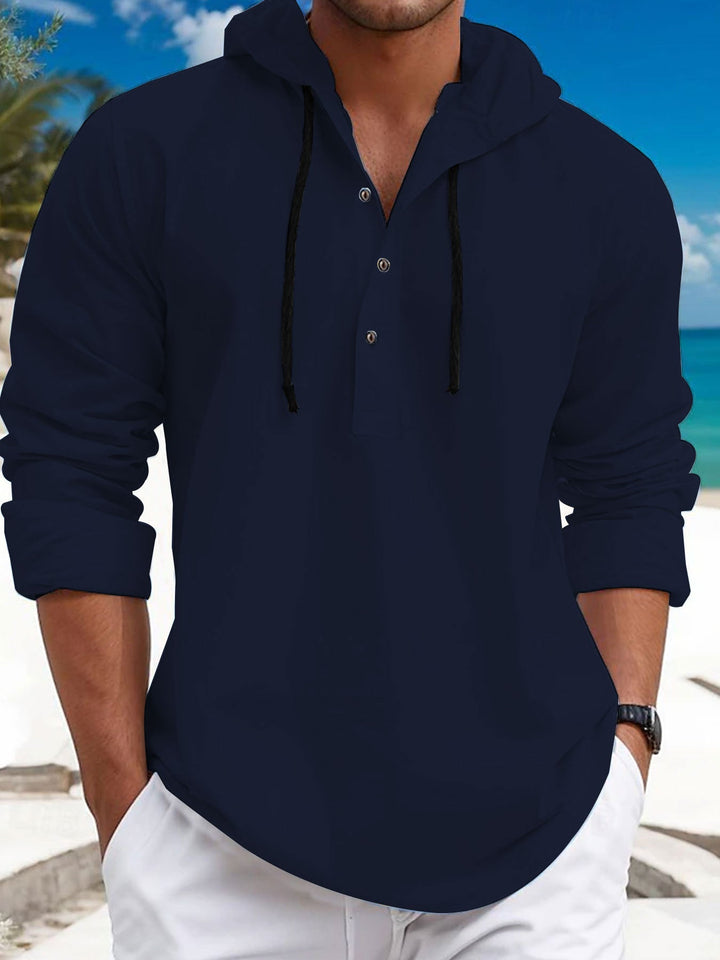 Herren nan sommerliches Hoodie-Henley mit verdeckter Knopfleiste, Kordelzug und gerundetem Saum Drune