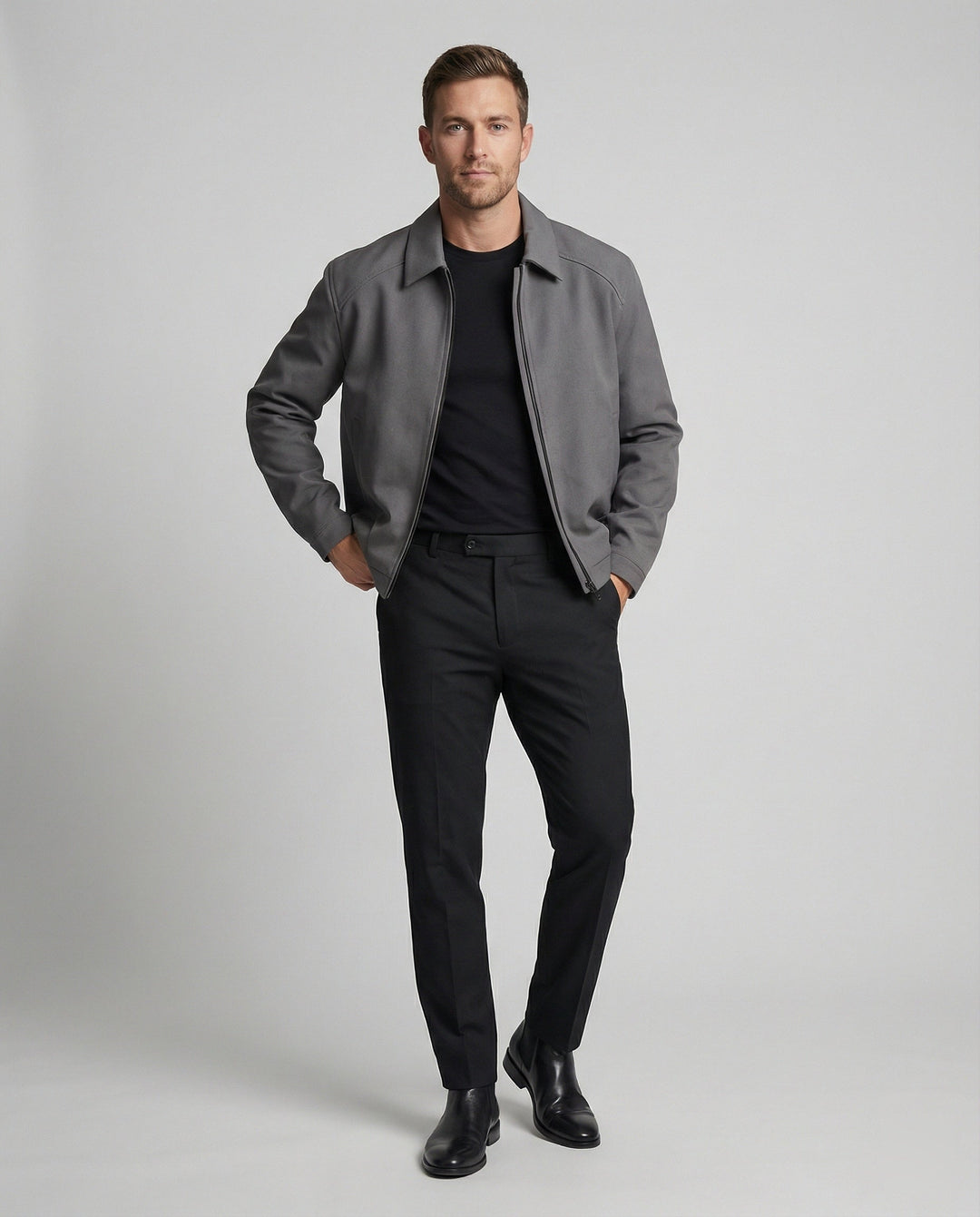 Herren kurze minimalistische Reißverschlussjacke mit Hemdkragen und kastiger Silhouette Drune