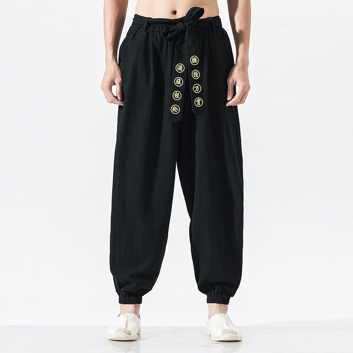Damen nan weite Leinenhose mit Tunnelzug Bund Bindedetail und elastischen Knöchelabschlüssen Drune