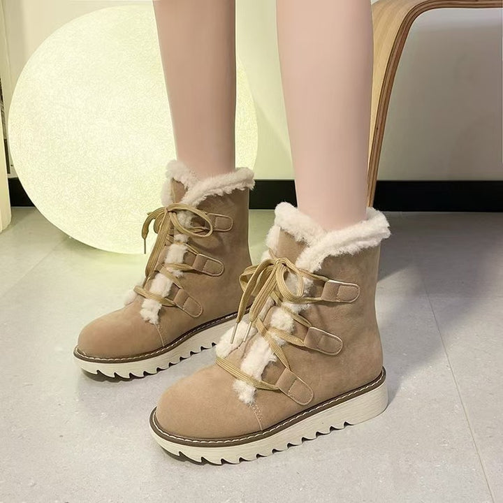 Damen nan gefütterte Schnürstiefelette mit Kunstfellkragen, elastischen Schlaufendetails und gezahnter Profilsohle Drune