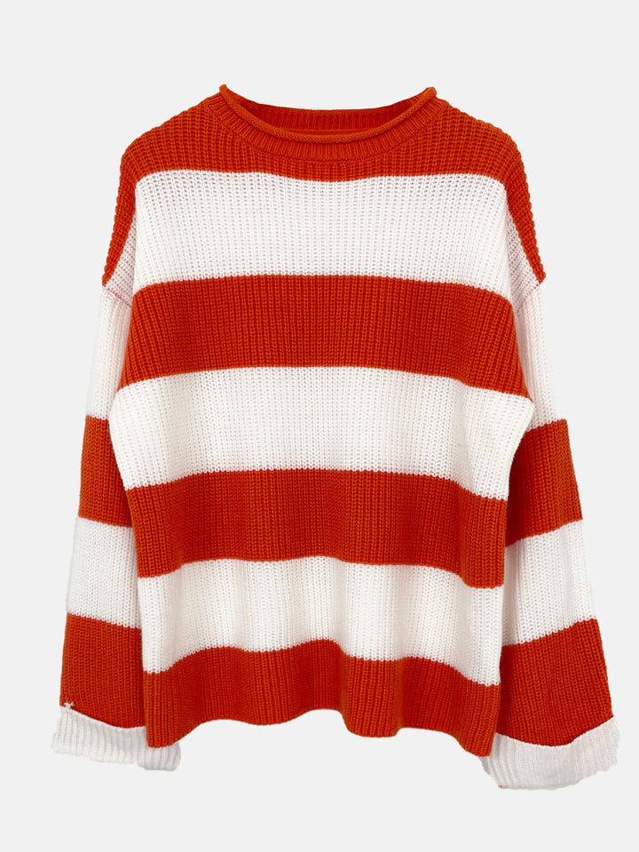 Damen lässiger Strickpullover mit breiten Streifen und lockerer Passform Drune