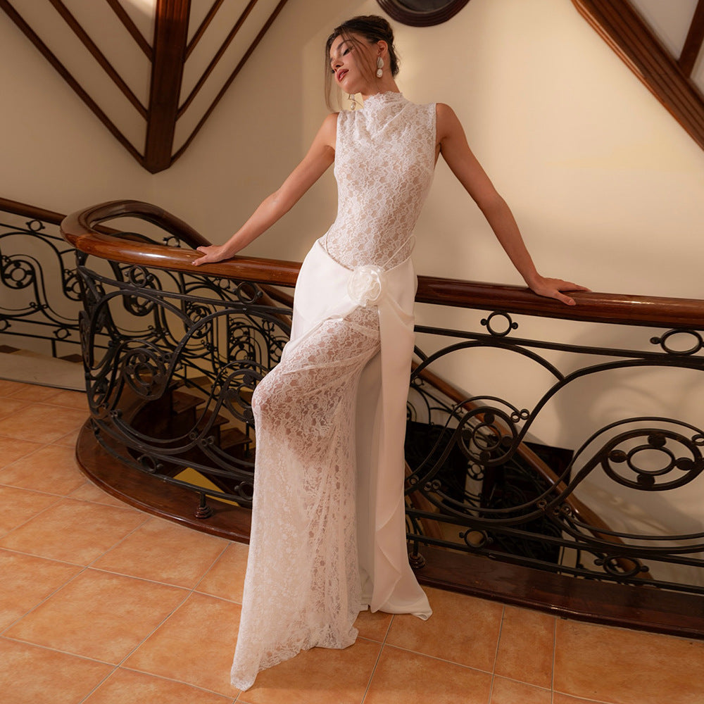 Damen Elegantes Hochzeitskleid mit Spitze und schwingendem Rock Drune