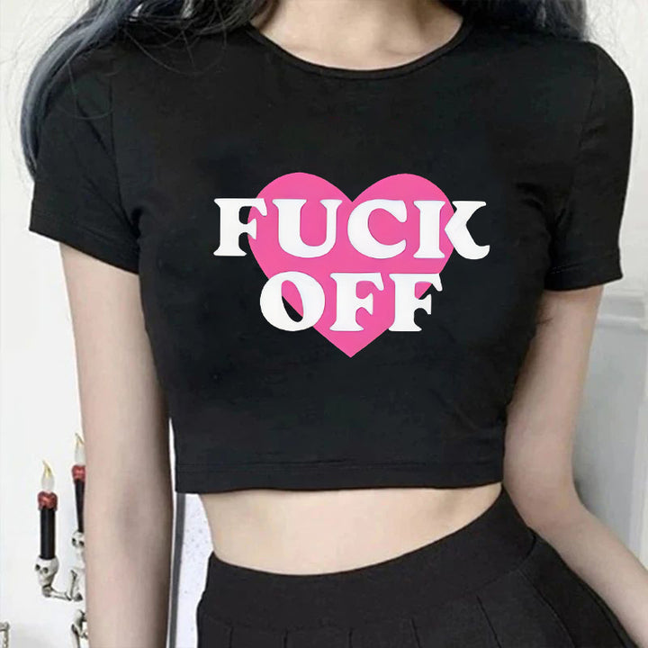 Damen figurbetontes Kurzarm-T-Shirt mit verspieltem Aufdruck Drune