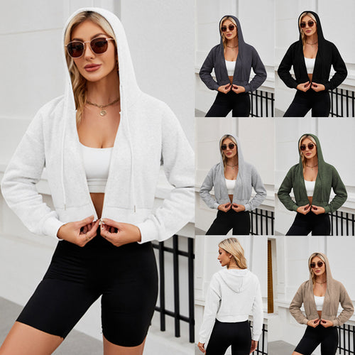 Damen Kurze Zip‑Hoodie Jacke mit Kapuze, Gummibund und Rippbündchen Drune