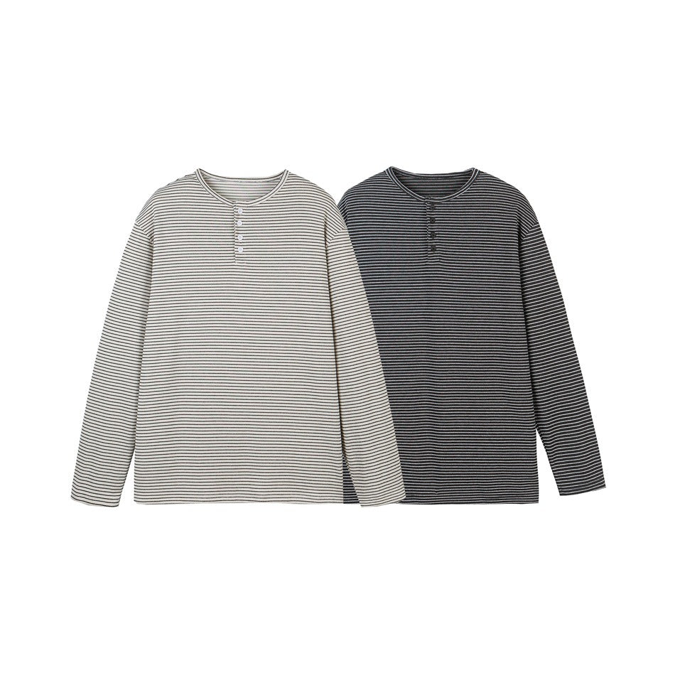 Unisex Gestreiftes Henley-Langarmshirt im Oversize-Relaxed-Schnitt mit Knopfleiste Drune