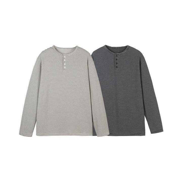 Unisex Gestreiftes Henley-Langarmshirt im Oversize-Relaxed-Schnitt mit Knopfleiste Drune