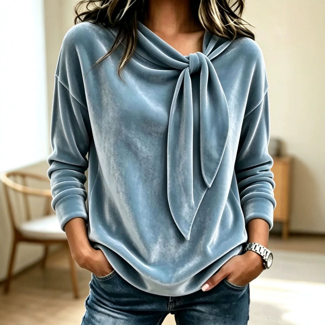 Damen Drapiertes Velours-Sweatshirt mit Knotenschalkragen Drune