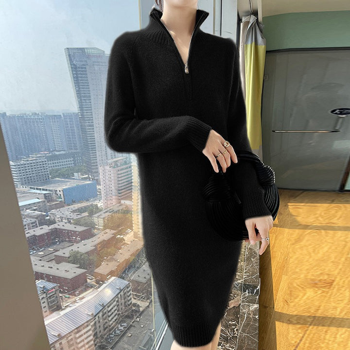 Damen elegantes Strickkleid mit hochgeschlossenem Kragen und Reißverschluss Drune