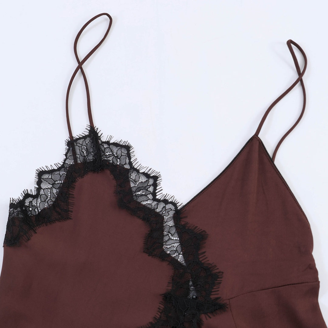 Damen Spitzen-Hängerchenkleid mit asymmetrischem Saum und zarten Trägern Drune