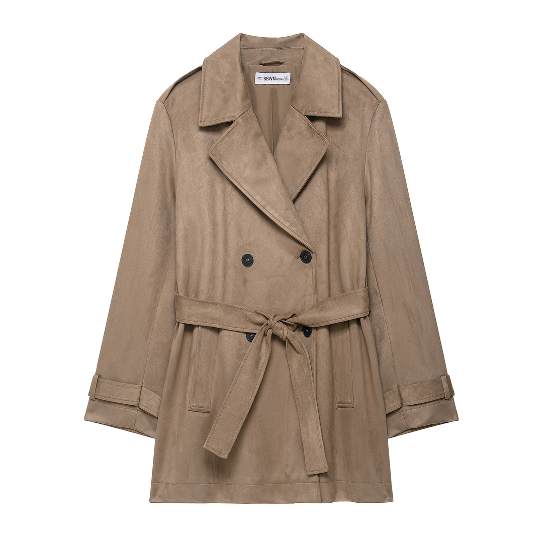 Damen Trenchcoat in Veloursleder-Optik doppeltreihig mit Taillengürtel Drune