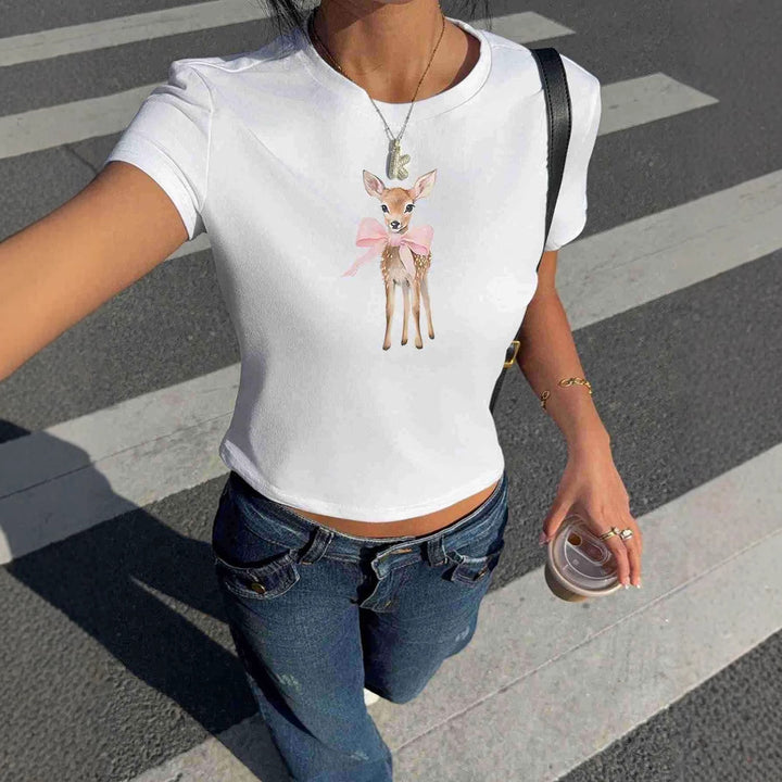 Damen T-Shirt mit süßem Reh-Motiv und farbenfrohem Aufdruck Drune