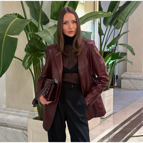 Damen Glattleder-Blazer mit strukturierter Schulterpartie und verlängertem Schnitt Drune