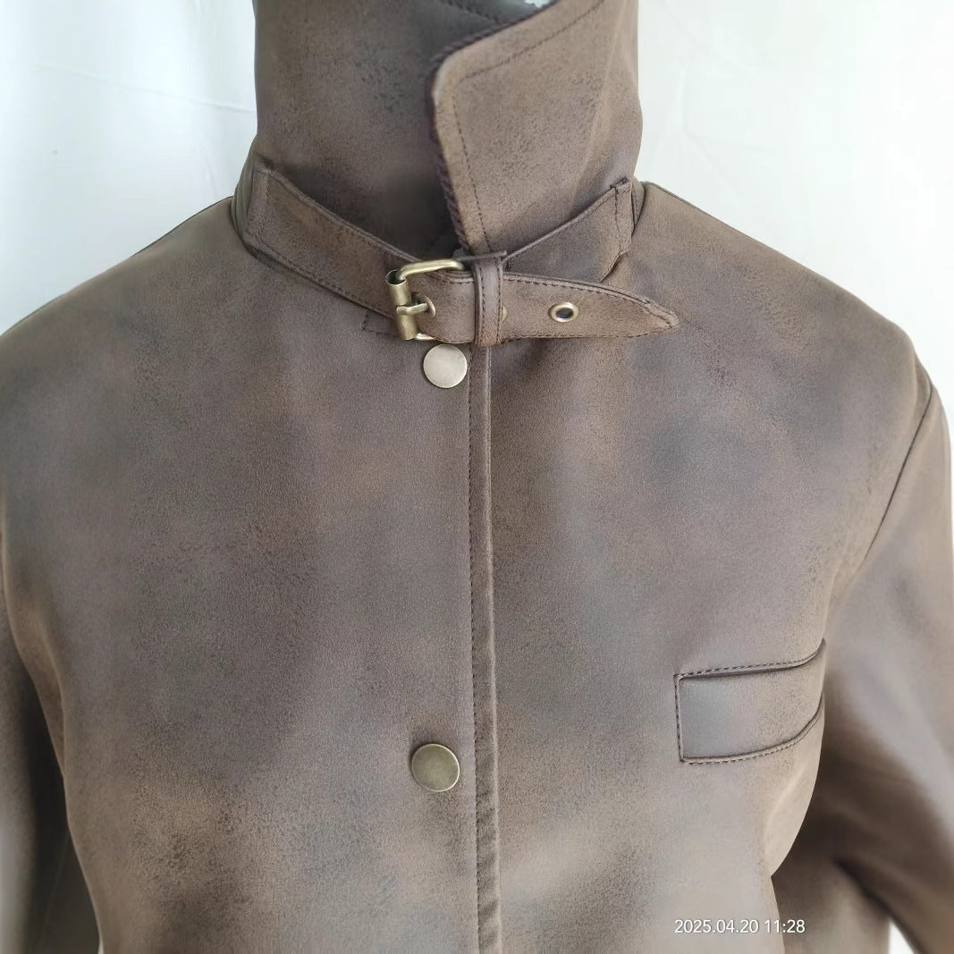 Damen nan extra langer Oversize Kunstledermantel mit verstellbarem Halsriemen, Druckknopffront, Pattentaschen und weiten Ärmeln Drune
