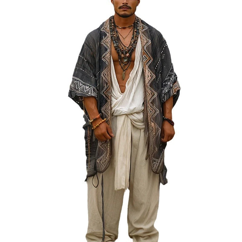 Herren Leichter Boho-Kimono-Mantel mit Ethno-Stickerei Drune