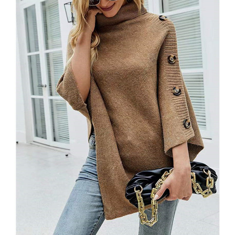 Damen Strick-Poncho mit steigendem Kragen und dekorativen Knopfdetails Drune