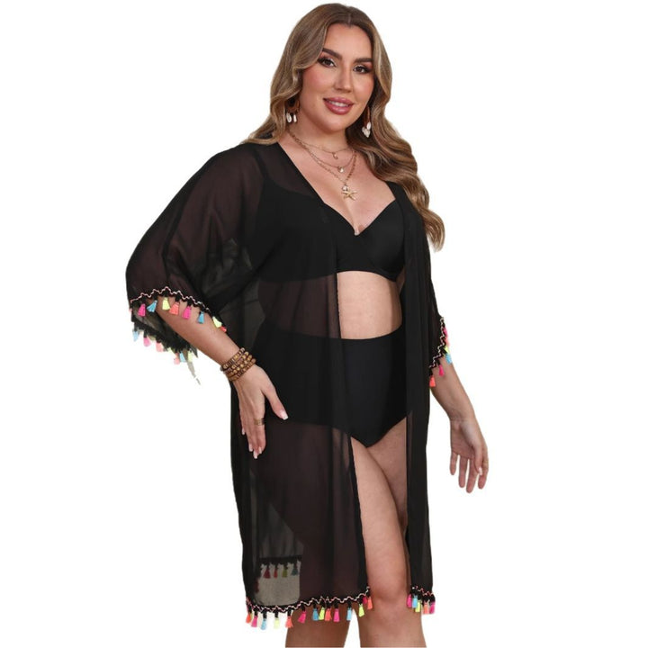 Damen transparenter Strandüberwurf mit buntem Quastenrand Drune