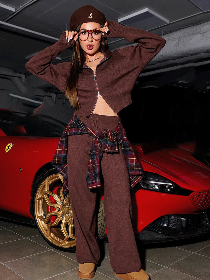 Damen Feinstrick-Zweiteiler mit taillierter Zip-Kapuzenjacke und weiten High‑Waist Kordelhose Drune