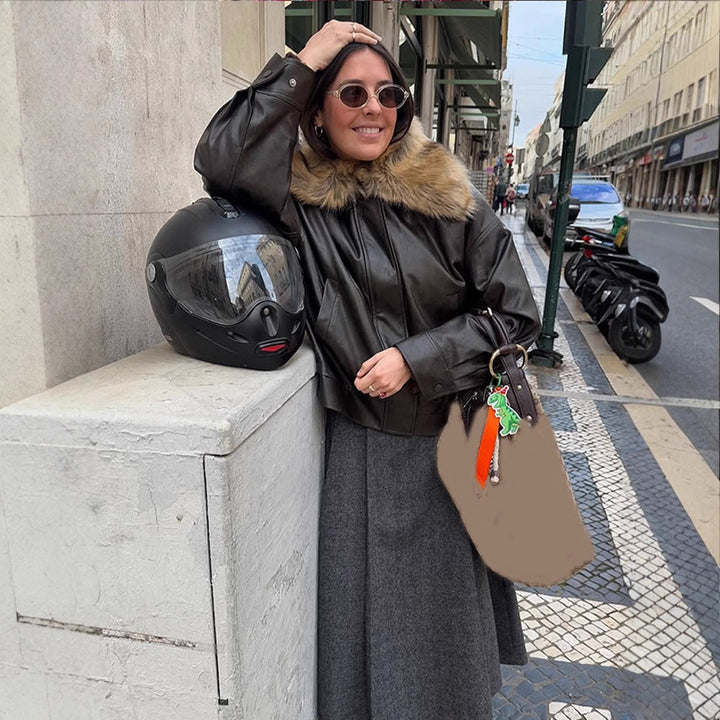 Damen Boxy Lederimitat-Blouson mit abnehmbarem Webpelzkragen und verdeckter Knopfleiste Drune