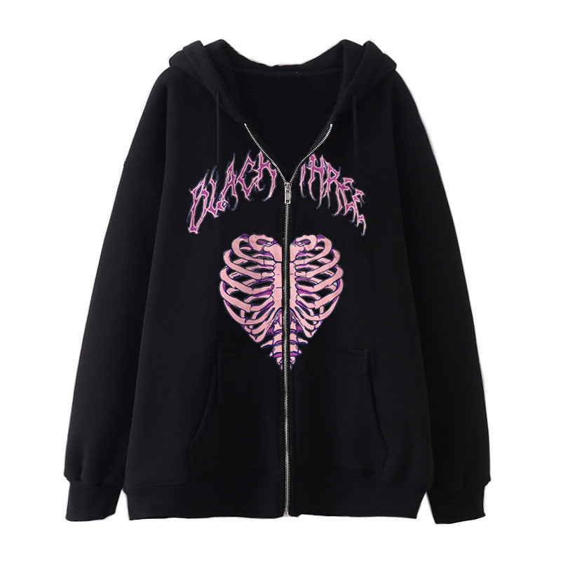 Damen nan Kapuzenjacke mit durchgehendem Reißverschluss und Rippenherz-Print Drune