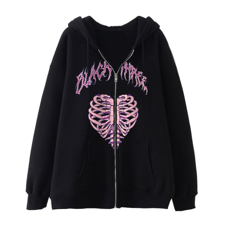 Damen nan Kapuzenjacke mit durchgehendem Reißverschluss und Rippenherz-Print Drune