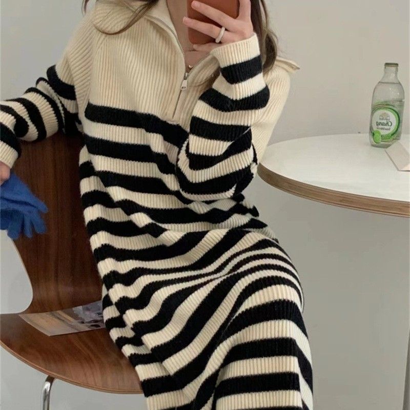 Damen Strickkleid mit Stehkragen und Halb-Reißverschluss Drune