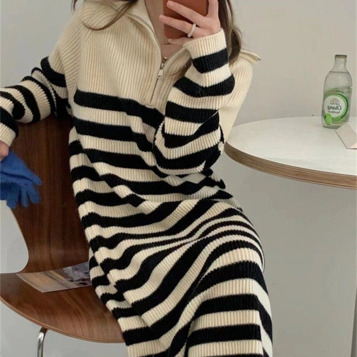 Damen Strickkleid mit Stehkragen und Halb-Reißverschluss Drune