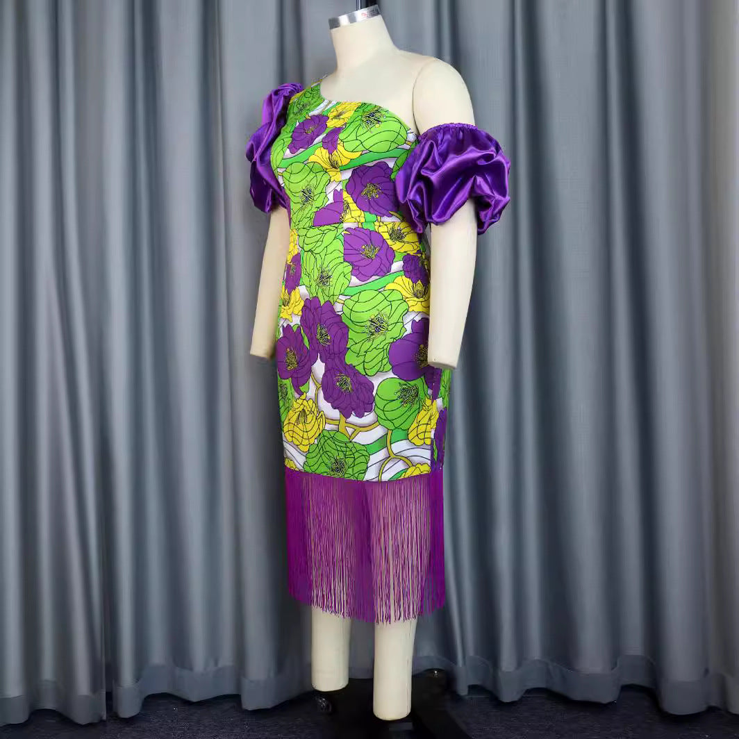 Damen Elegantes Schulterfreies Kleid mit voluminösen Puffärmeln und Fransen Drune