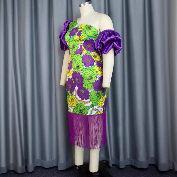 Damen Elegantes Schulterfreies Kleid mit voluminösen Puffärmeln und Fransen Drune
