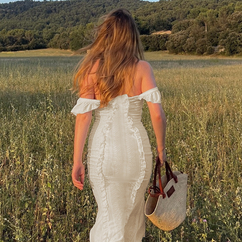 Damen schulterfreies Maxikleid mit Rüschendetails und taillierter Silhouette Drune