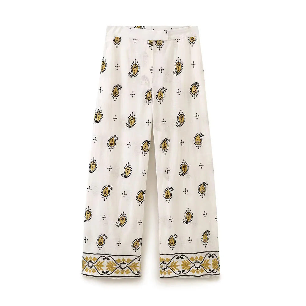 Damen nan weiter Leinenhose mit hohem Bund, Bordürstickerei und folklorem Paisley-Print Drune