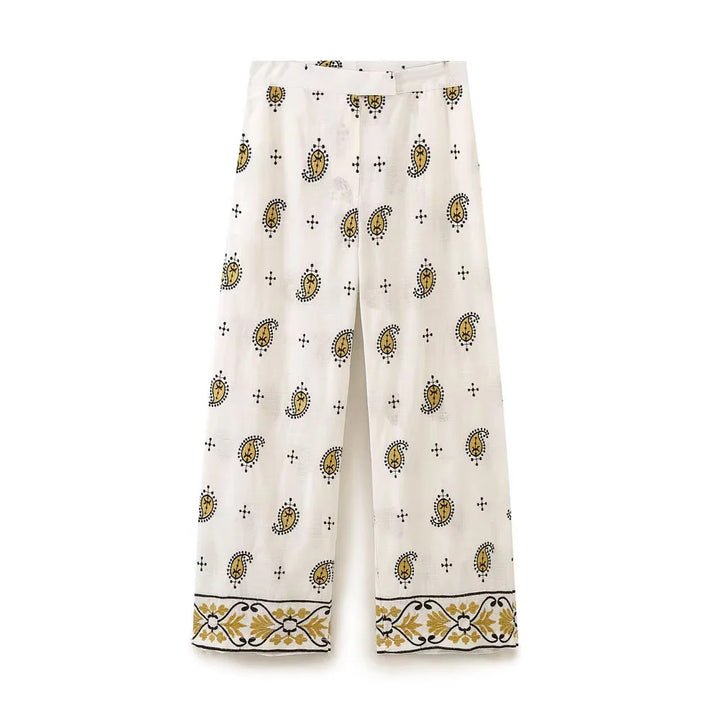 Damen nan weiter Leinenhose mit hohem Bund, Bordürstickerei und folklorem Paisley-Print Drune