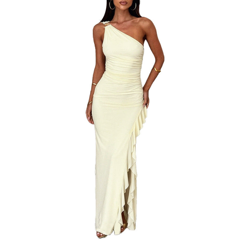 Damen elegantes asymmetrisches Maxikleid mit Rüschen und taillierter Silhouette Drune