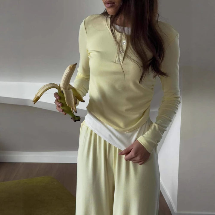Damen Loungewear-Set aus weichem Modal mit Henley-Knopfleiste und weitem High-Waist Jogger Drune