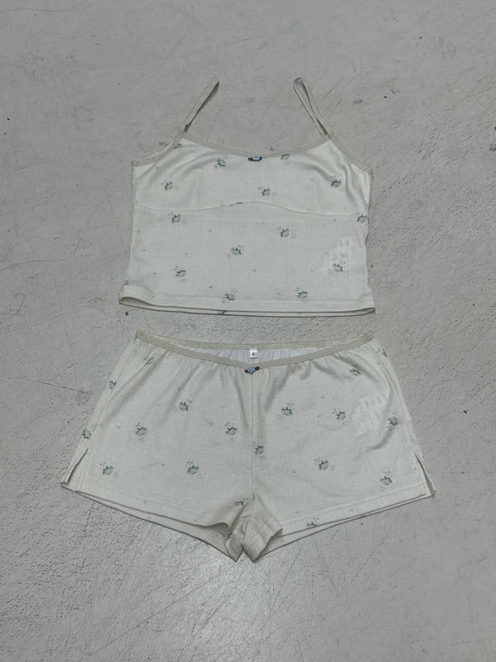 Damen Schlafanzug-Set mit feinem Blumenmuster und Spaghettiträgern Drune