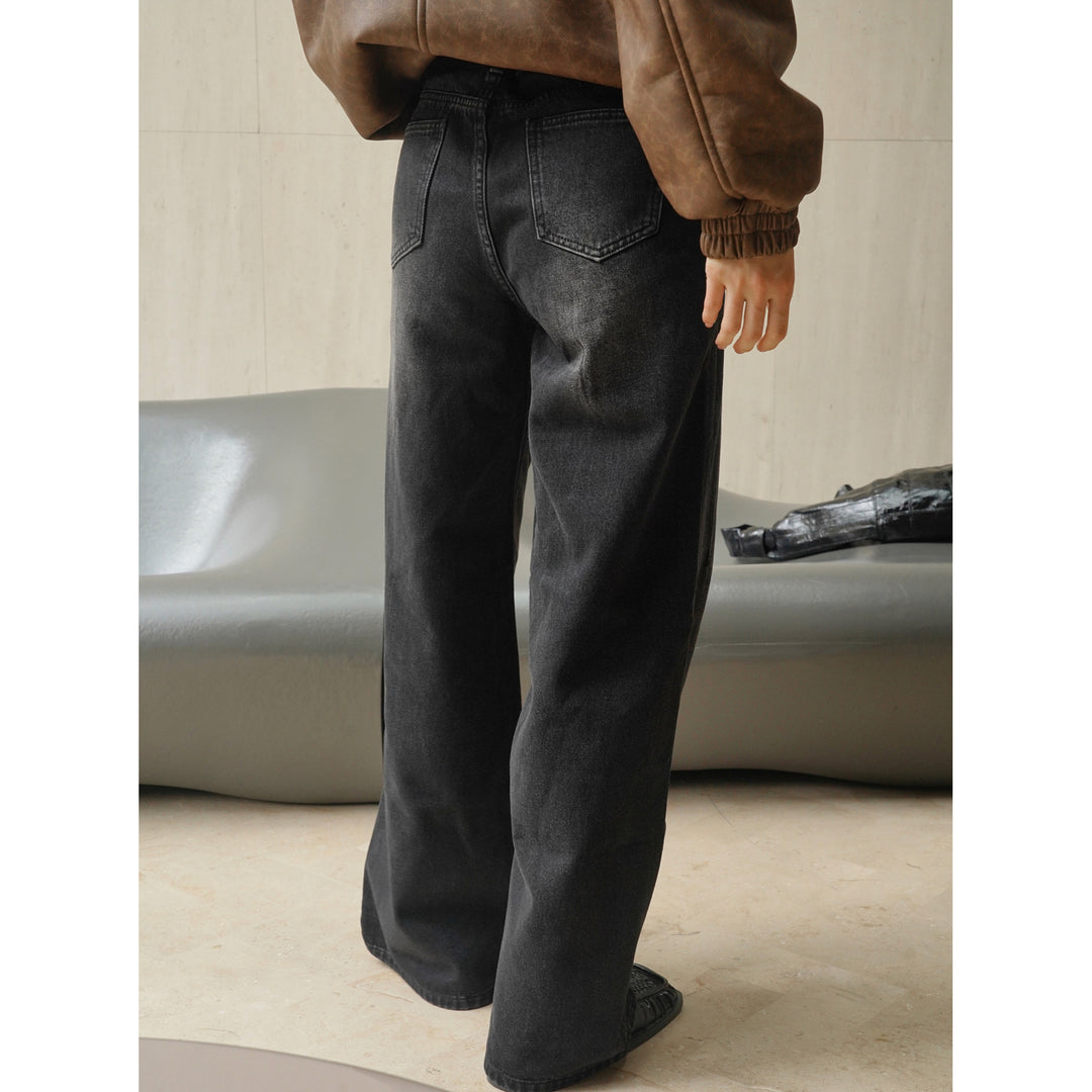 Damen weite High‑Waist Denim‑Jeans im Baggy‑Cut mit Mittelnaht und Used‑Effekt Drune