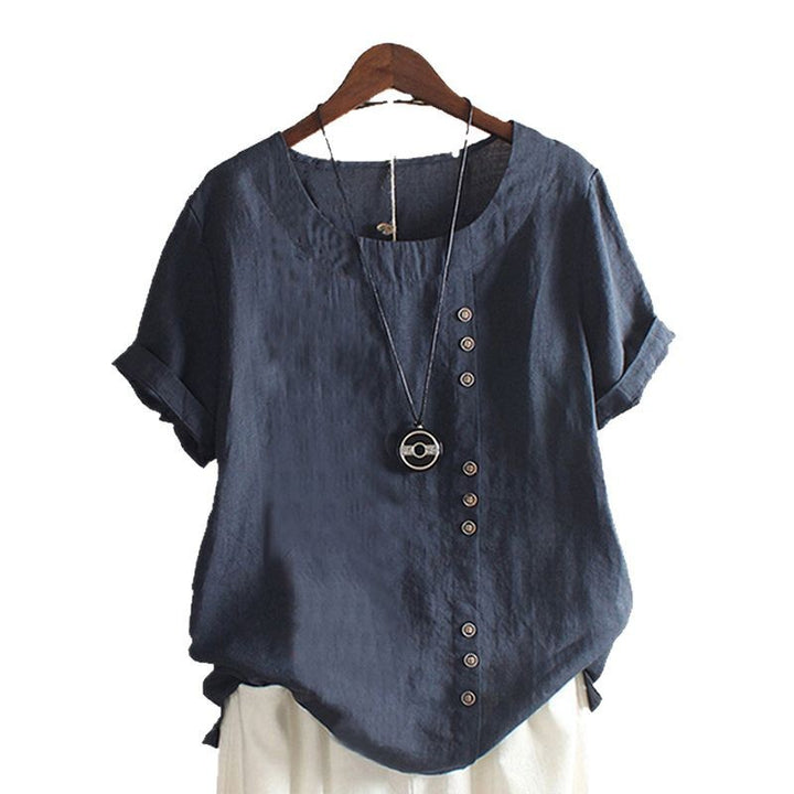 Damen lässige Leinenbluse mit umschlagbaren Ärmeln und Knopfdetails Drune