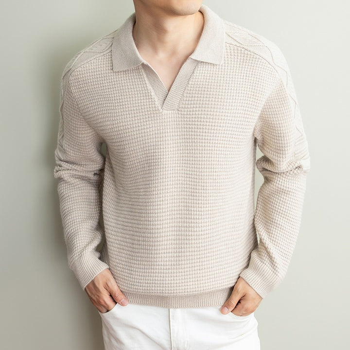 Herren Polo-Pullover mit strukturiertem Waffelstrick und Zopfmuster-Ärmeln Drune