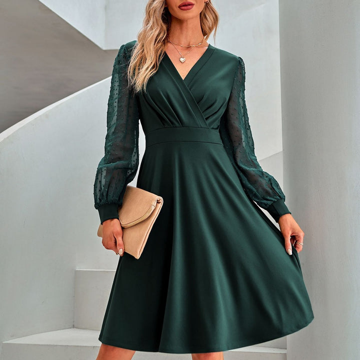Damen Wickelkleid mit transparenten Puffärmeln und fließendem Saum Drune