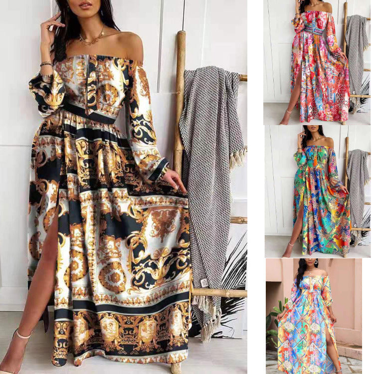Damen Maxikleid mit offenem Schulterdesign und aufwendigem Barockmuster Drune