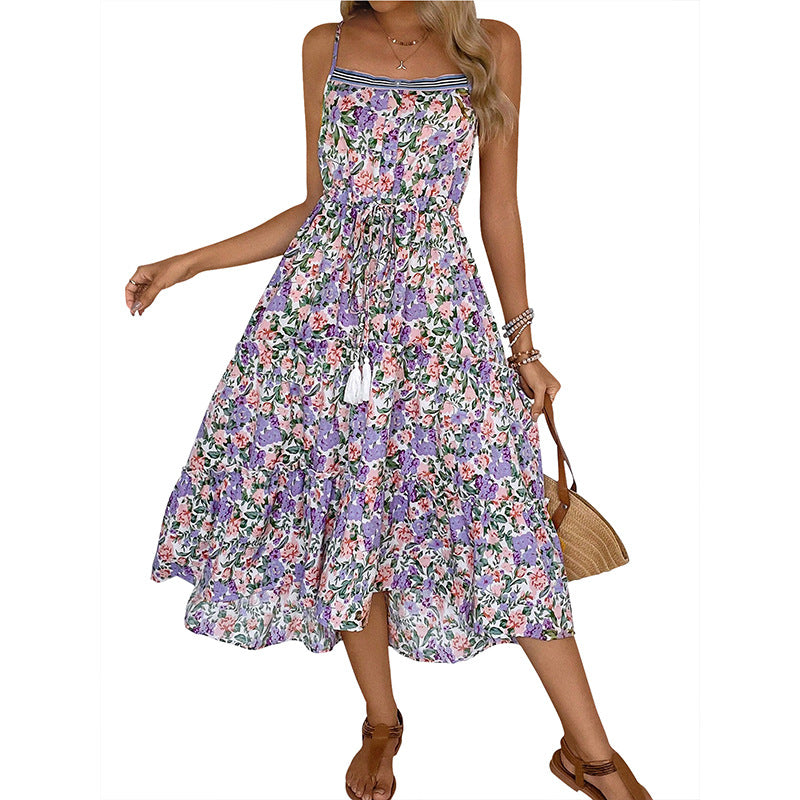 Damen Midikleid mit floralem Druck und raffiniertem Taillenzug Drune