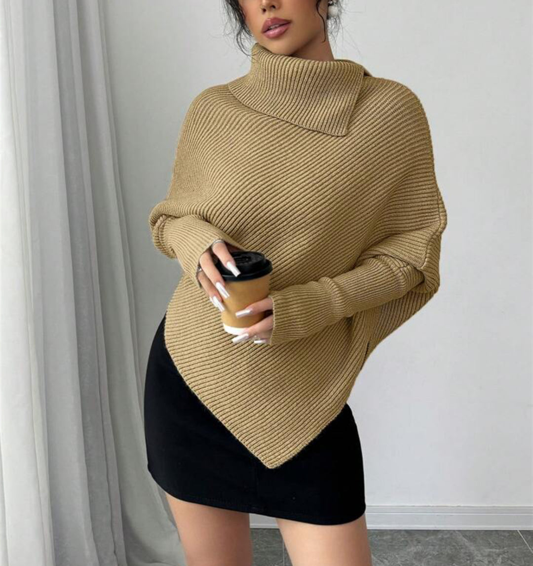 Damen Asymmetrischer Rippenstrick-Poncho mit hohem Rollkragen und verlängerten Ärmeln Drune