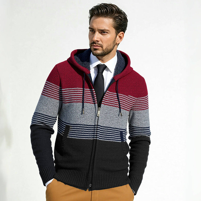 Herren Kapuzen-Strickzipjacke mit farbverlaufendem Blockstreifenmuster und thermischer Struktur Drune