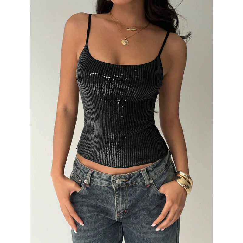 Damen Elegantes Spaghetti-Träger-Top mit Pailletten und figurbetontem Schnitt Drune