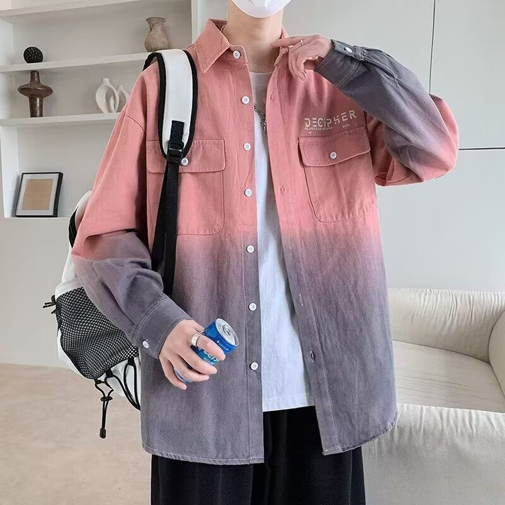 Herren Oversize Dip Dye Baumwollhemd mit Brusttaschen und Verlauffärbung Drune