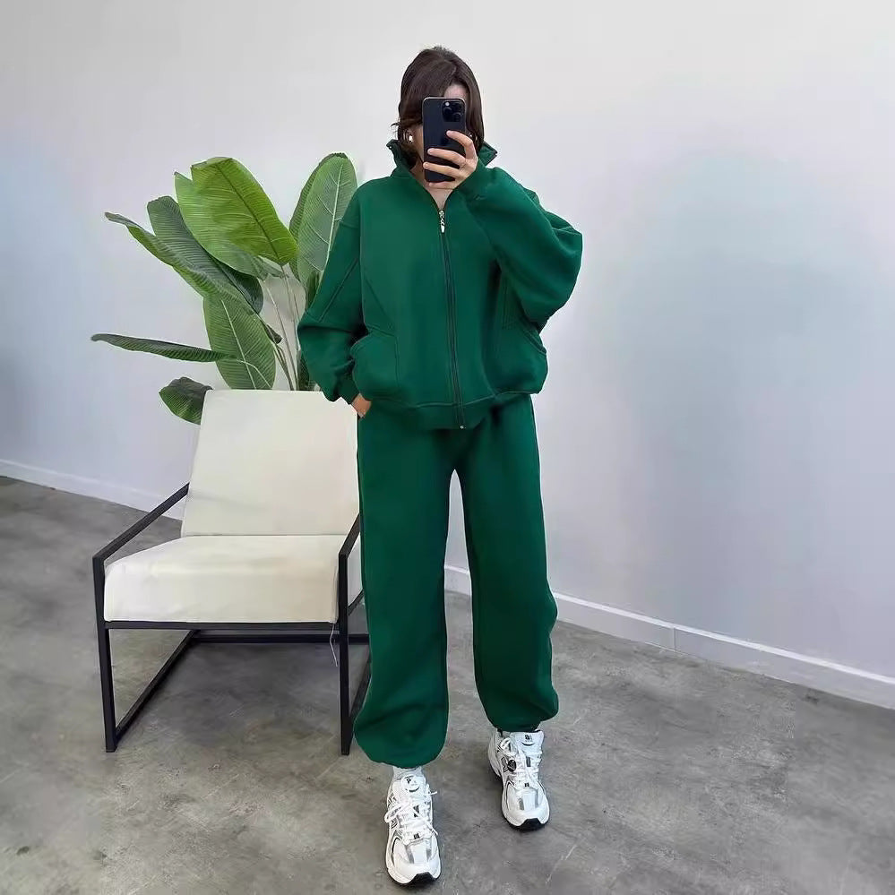 Damen Oversize Fleece-Set mit Reißverschlussjacke und weiten Jogginghosen Drune