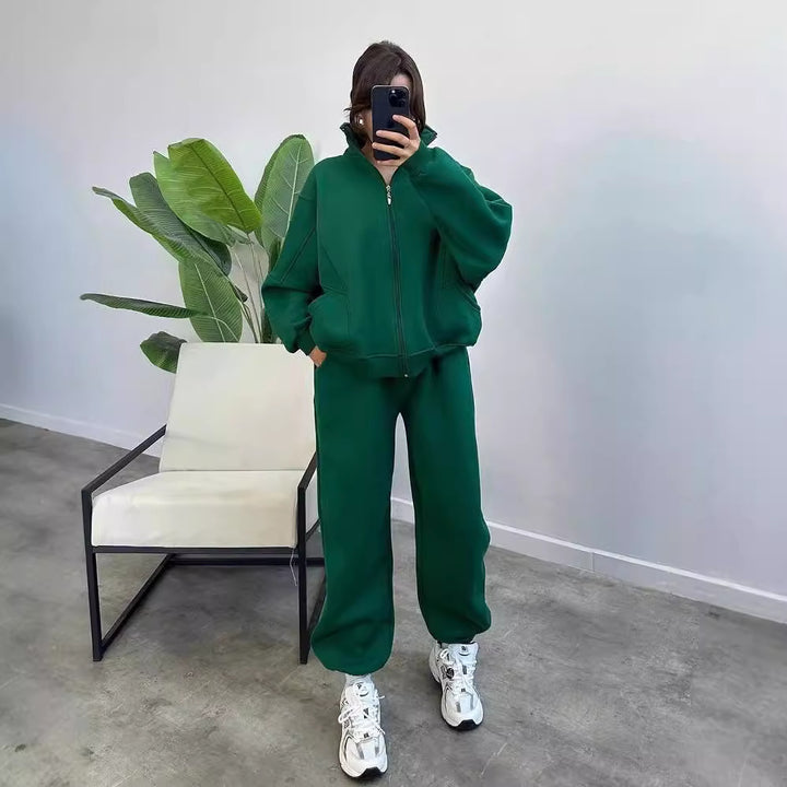 Damen Oversize Fleece-Set mit Reißverschlussjacke und weiten Jogginghosen Drune